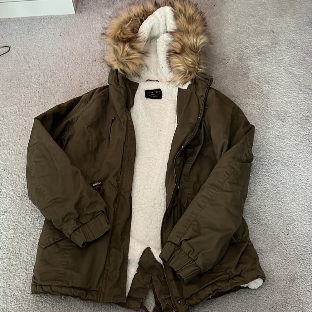 Love Tree Olive Hooded Sherpa Faux Fur Trim Coat- Small